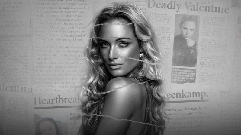 Black and White image of Reeva Steenkamp in front of newspaper headlines about her murder, from My Name is Reeva on Showmax