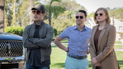 Jeremy Strong as Kendall Roy, Kieran Culkin as Roman Roy and Sarah Snook as Shiv Roy in Succession