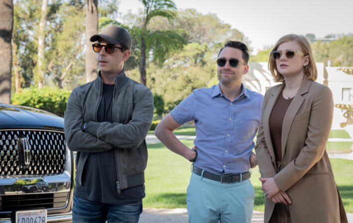 Jeremy Strong as Kendall Roy, Kieran Culkin as Roman Roy and Sarah Snook as Shiv Roy in Succession