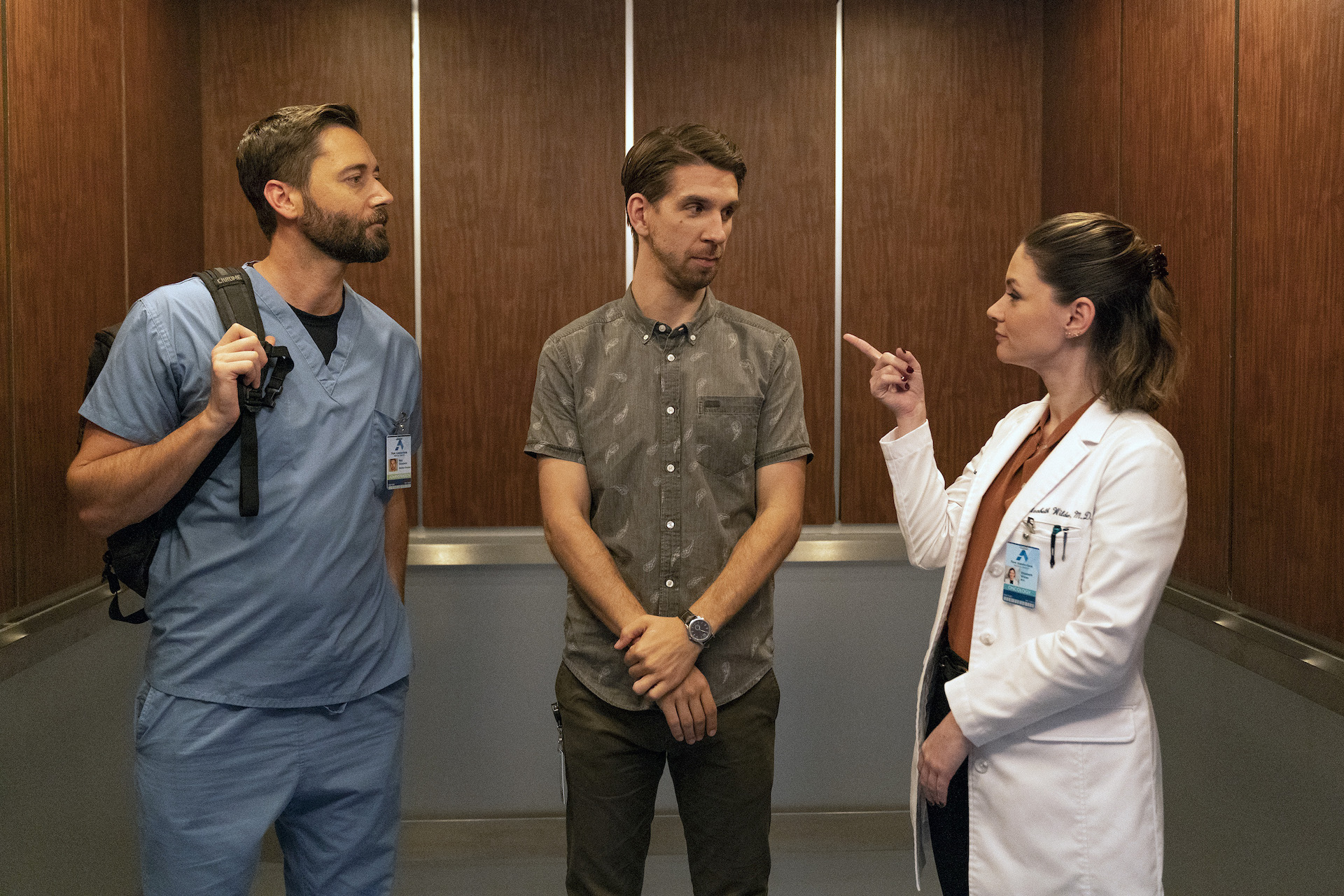 Ryan Eggold as Dr. Max Goodwin, Conner Marx as Ben Meyer, Sandra Mae Frank as Dr. Elizabeth Wilder in New Amsterdam