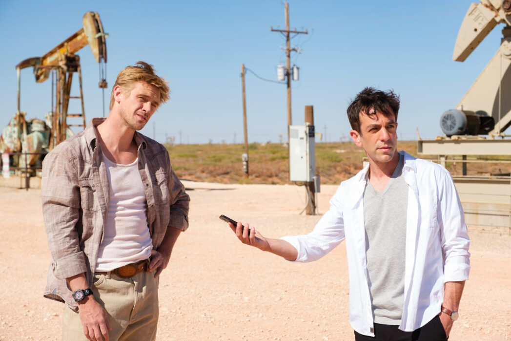 Boyd Holbrook as Ty Shaw and B.J. Novak as Ben Manalowitz in Vengeance on Showmax