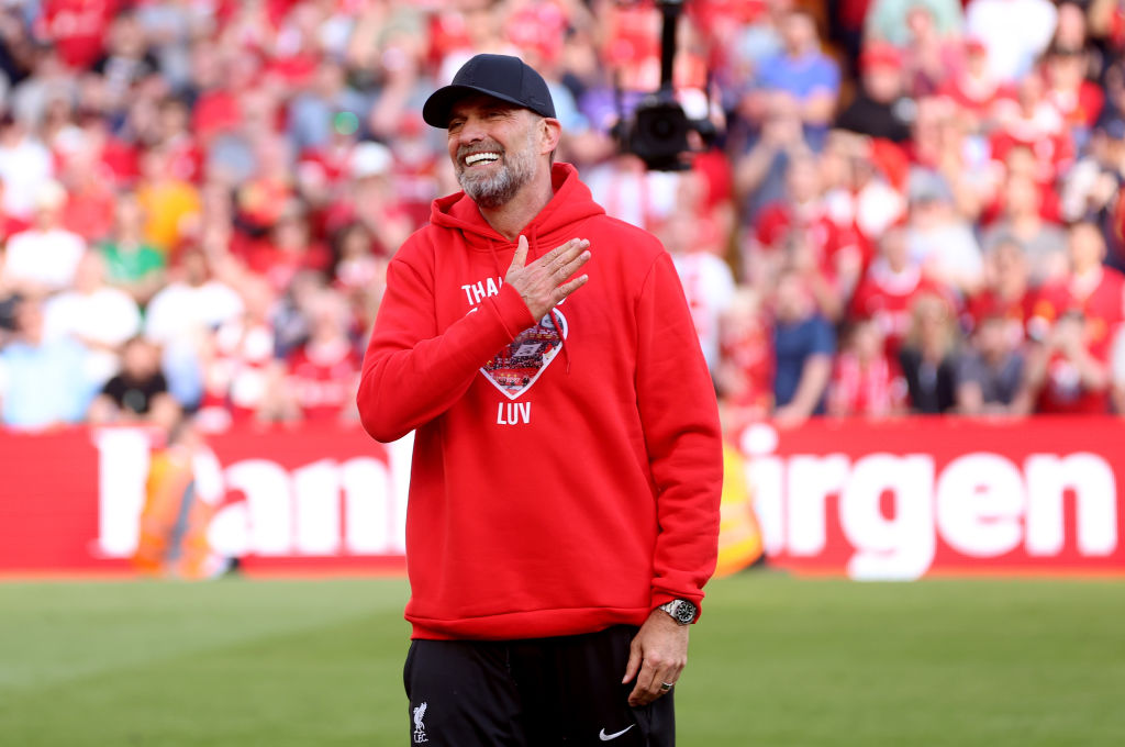Jurgen Klopp, manager of Liverpool shows appreciation to the fans following his final match as Liverpool manager live on Showmax Premier League