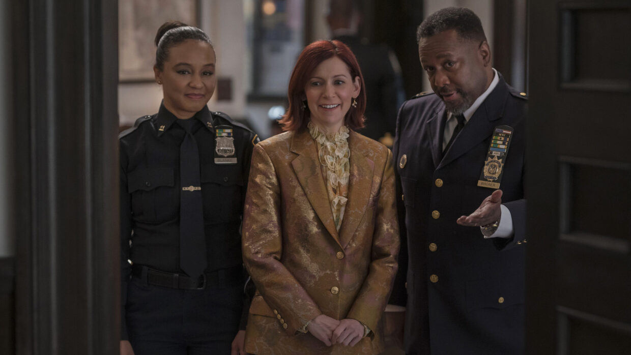 Carra Patterson as Kaya Blanke, Carrie Preston as Elsbeth Tascioni, and Wendell Pierce as Captain Wagner in Elsbeth