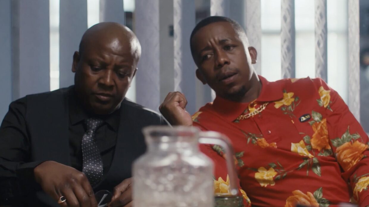 Nephtali Leotle as Pius and Mpho Sebeng as DJ Whiskey in 016FM